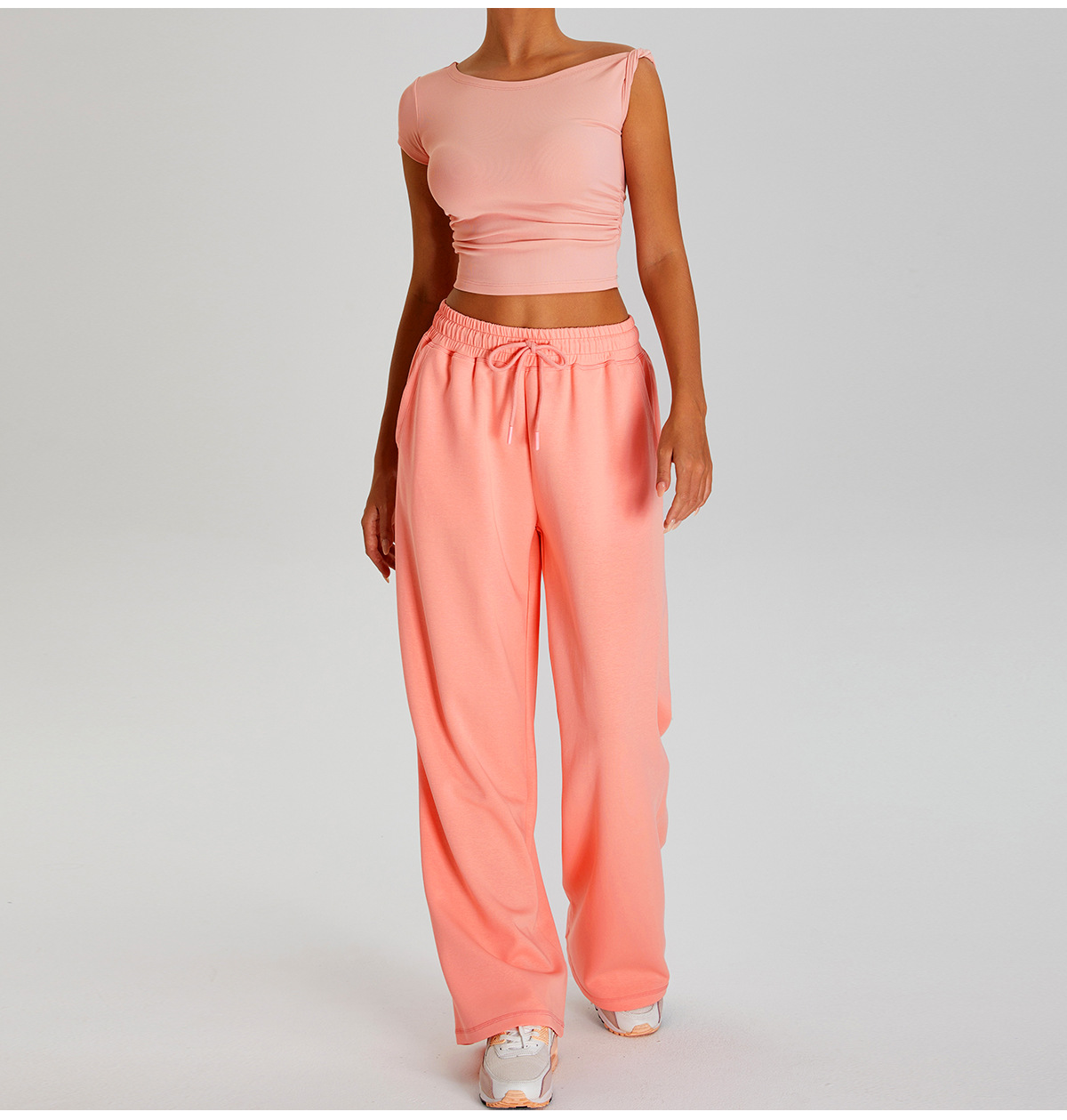 Women Solid Color 2 Piece Set Short Sleeve Tops Yoga Pants  FGBTM0253Y