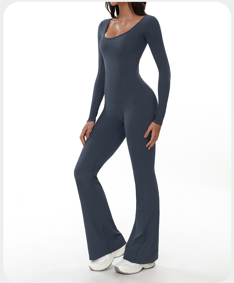 Sports Backless Long Sleeve Gym Flare Leggings Jumpsuits for Women FGBELT3104