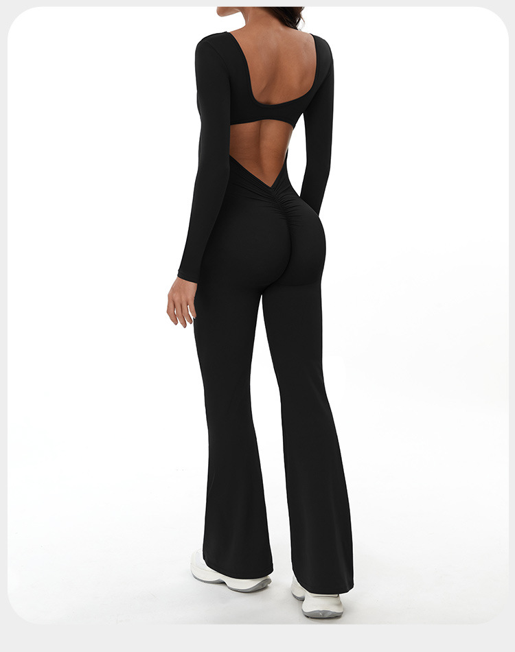 Sports Backless Long Sleeve Gym Flare Leggings Jumpsuits for Women FGBELT3104