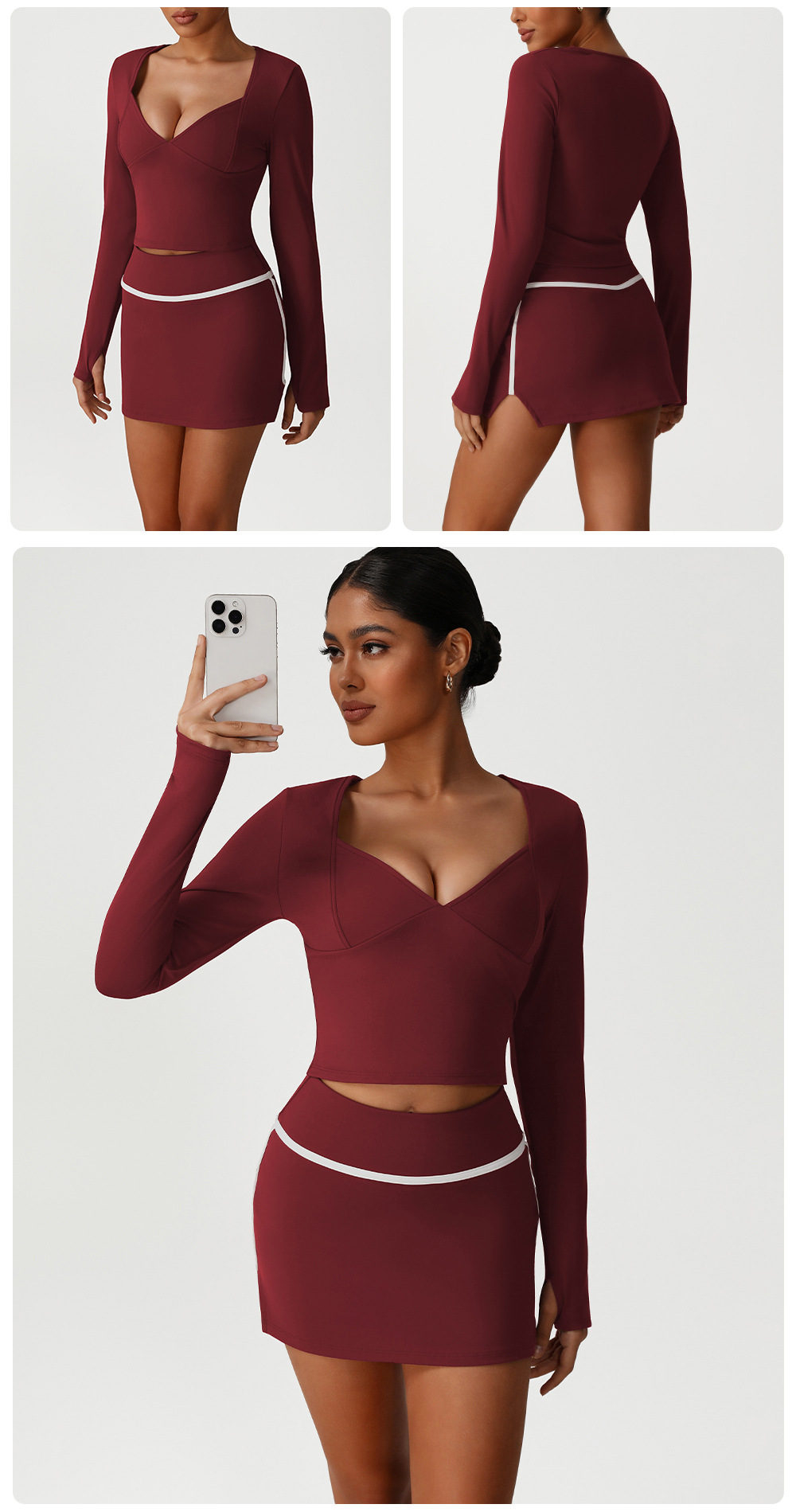 Yoga Bra Long Sleeve  2 in 1 Skirts Suit Golf Tennis Skirt 3 Piece Set Women FGBSM2531
