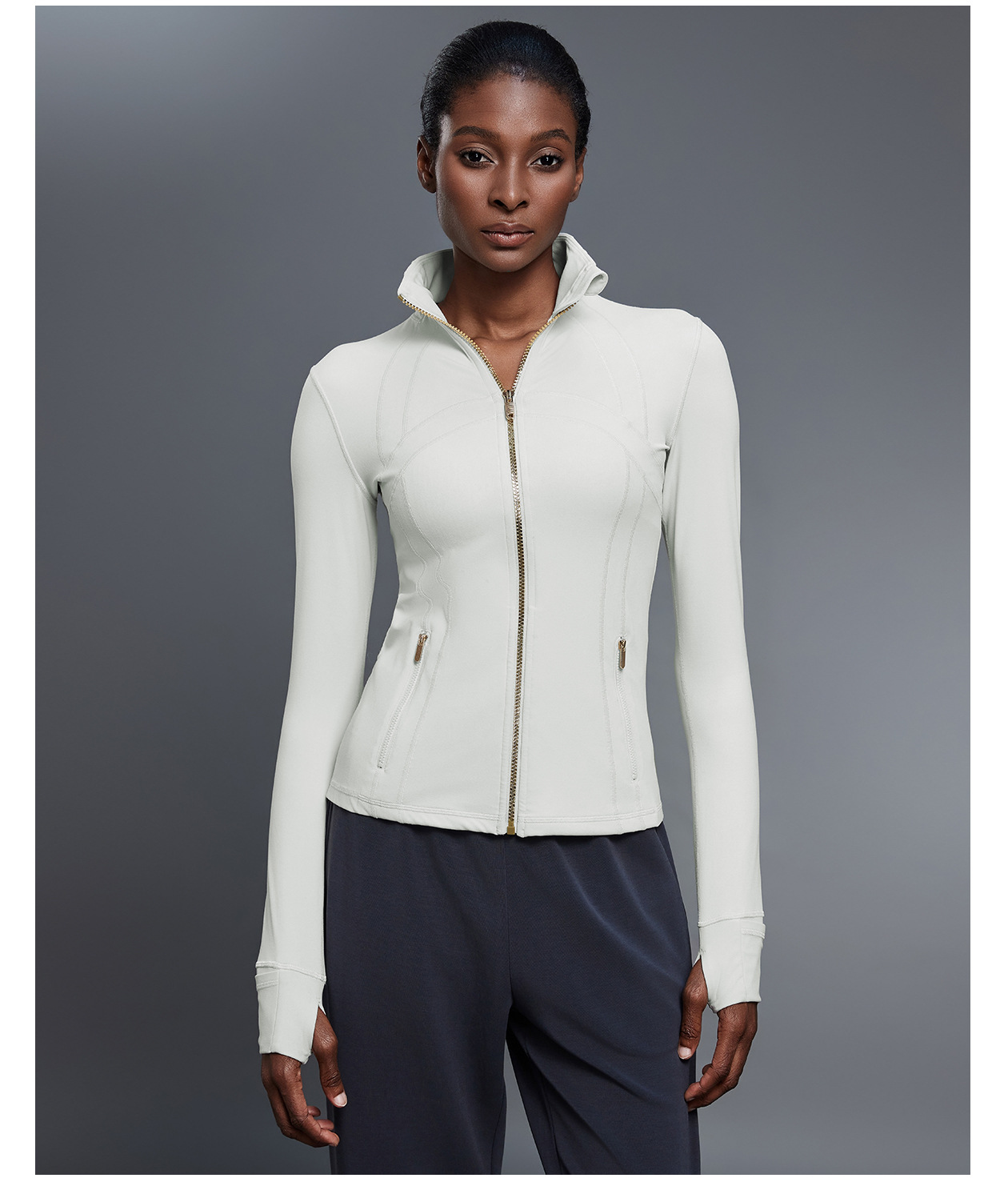 Custom Logo Zipper Women Jacket With Thumb Hole Soft Stretchy Long Sleeve Top FGBDAW182-2