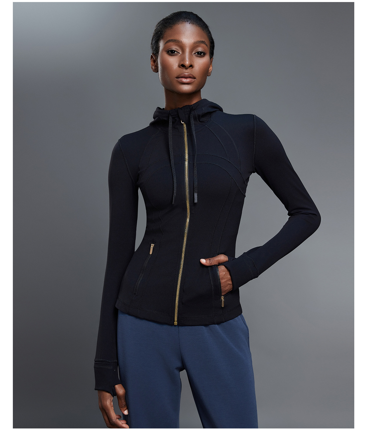 Custom Logo Zipper Women Hooded Jacket With Thumb Hole Soft Stretchy Long Sleeve Top FGBDAW204-2