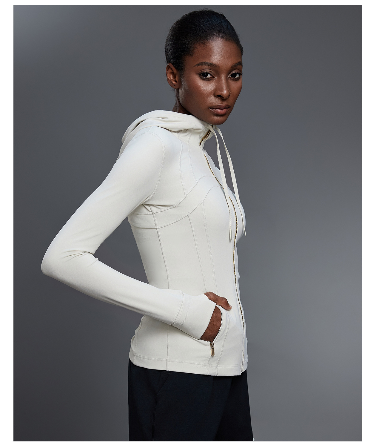 Custom Logo Zipper Women Hooded Jacket With Thumb Hole Soft Stretchy Long Sleeve Top FGBDAW204-2