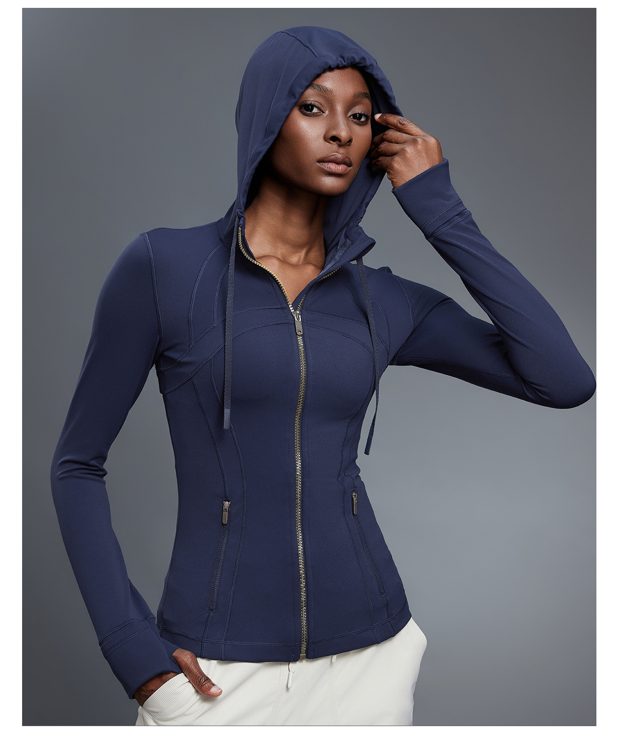 Custom Logo Zipper Women Hooded Jacket With Thumb Hole Soft Stretchy Long Sleeve Top FGBDAW204-2