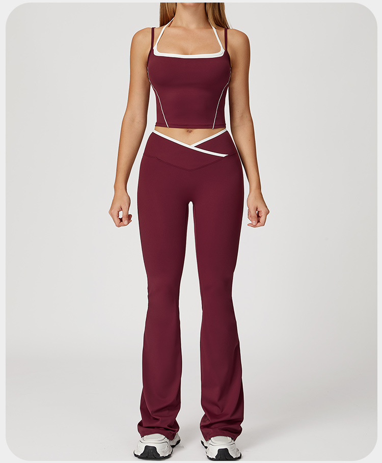 Women Color Block 5 Pcs Workout Outfits V Corss Waist Flare Yoga Leggings Versatile and Comfortable Fitness Outfit FGBTZ5009