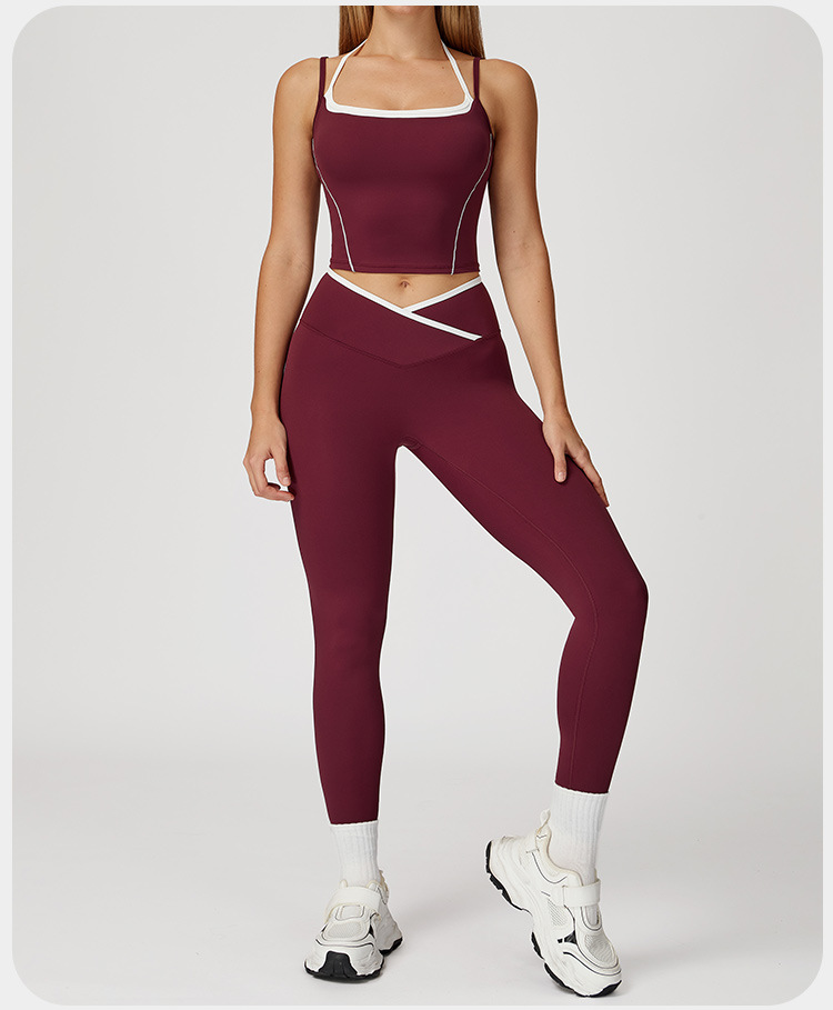 Women Color Block 5 Pcs Workout Outfits V Corss Waist Flare Yoga Leggings Versatile and Comfortable Fitness Outfit FGBTZ5009