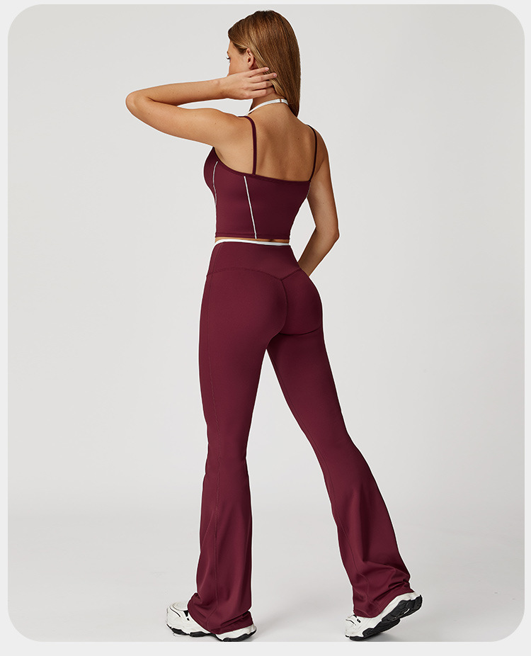 Women Color Block 5 Pcs Workout Outfits V Corss Waist Flare Yoga Leggings Versatile and Comfortable Fitness Outfit FGBTZ5009