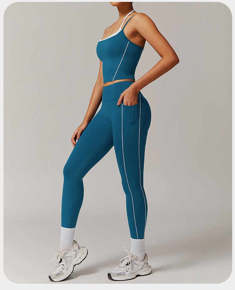 Women Color Block 5 Pcs Workout Outfits V Corss Waist Flare Yoga Leggings Versatile and Comfortable Fitness Outfit FGBTZ5009