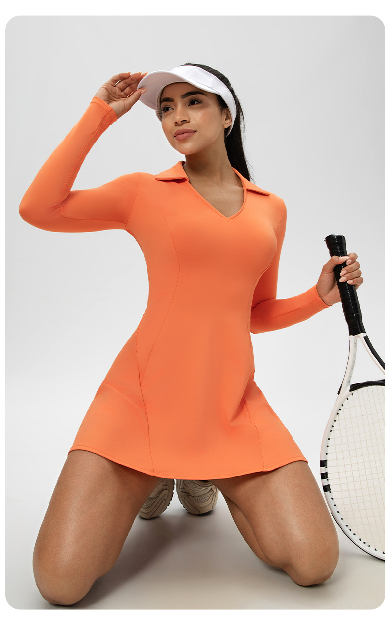 Women's Sports One-piece Tennis Skirt Gymnastic Long-sleeved V-neck Tennis Skirt FGB52568 Women's Sports One-piece Tennis Skirt Gymnastic Long-sleeved V-neck Tennis Skirt FGB52568