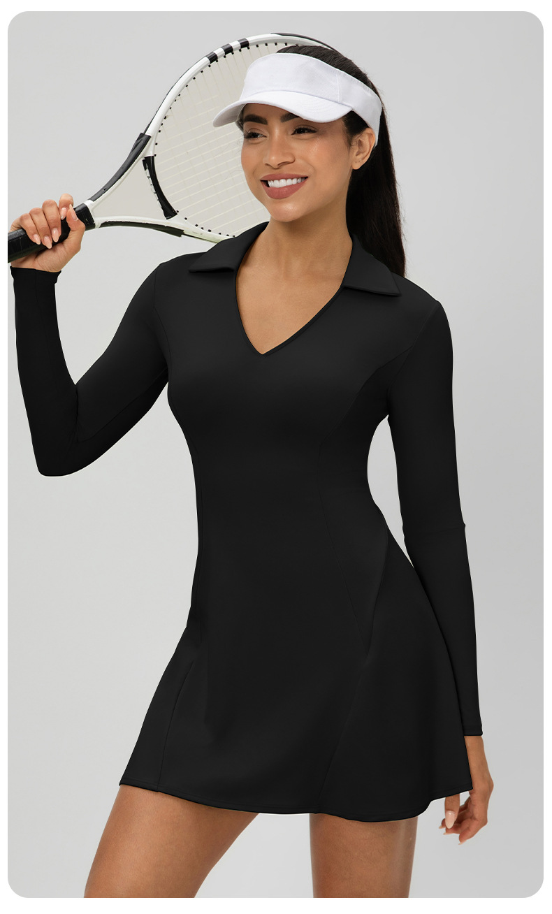 Women's Sports One-piece Tennis Skirt Gymnastic Long-sleeved V-neck Tennis Skirt FGB52568 Women's Sports One-piece Tennis Skirt Gymnastic Long-sleeved V-neck Tennis Skirt FGB52568