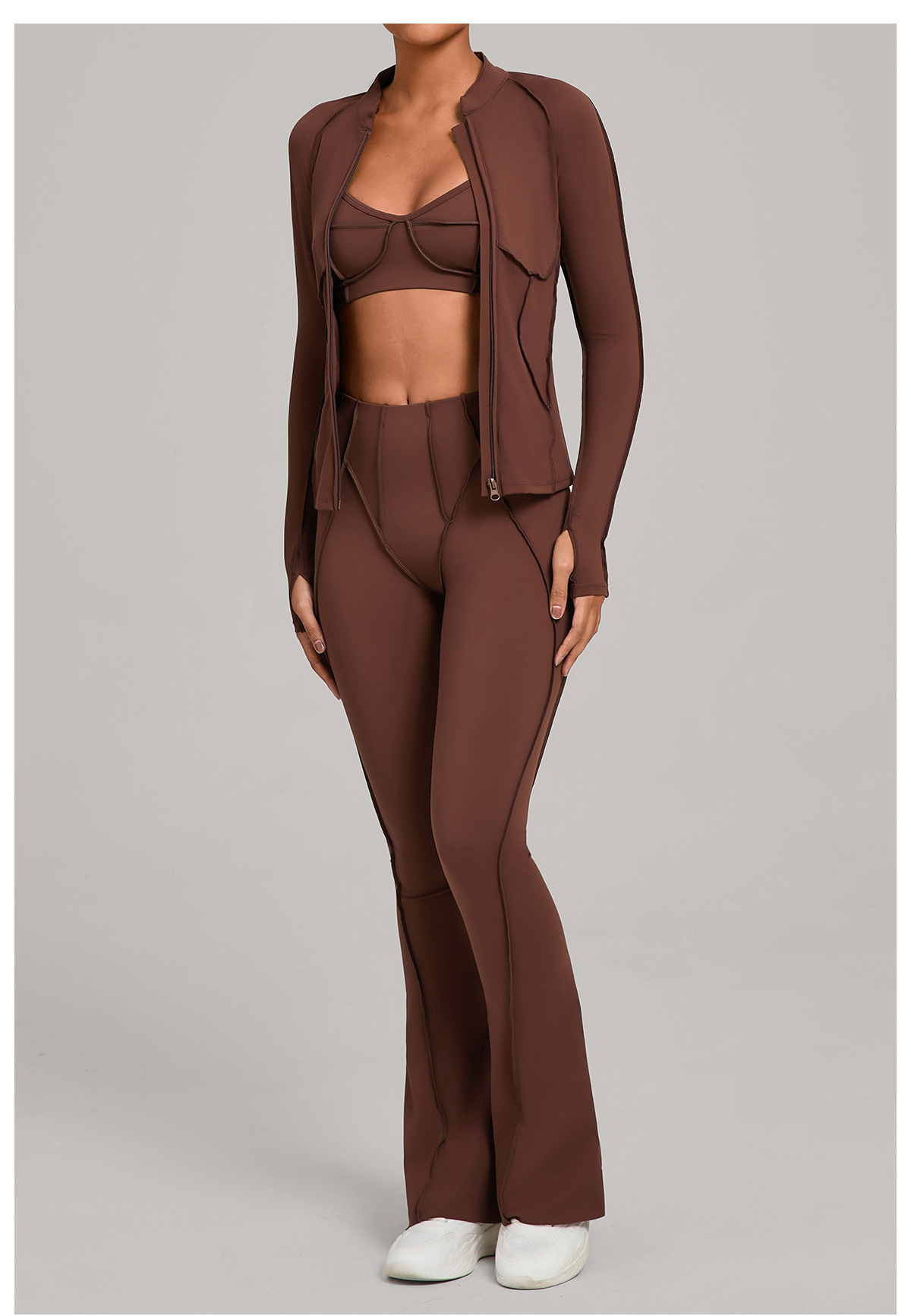 Women's Full Zipper Jacket Sports Bra Butt Lift Flare Leg Pants-Three Piece Yoga Gym SetFGB3321 86040 25098