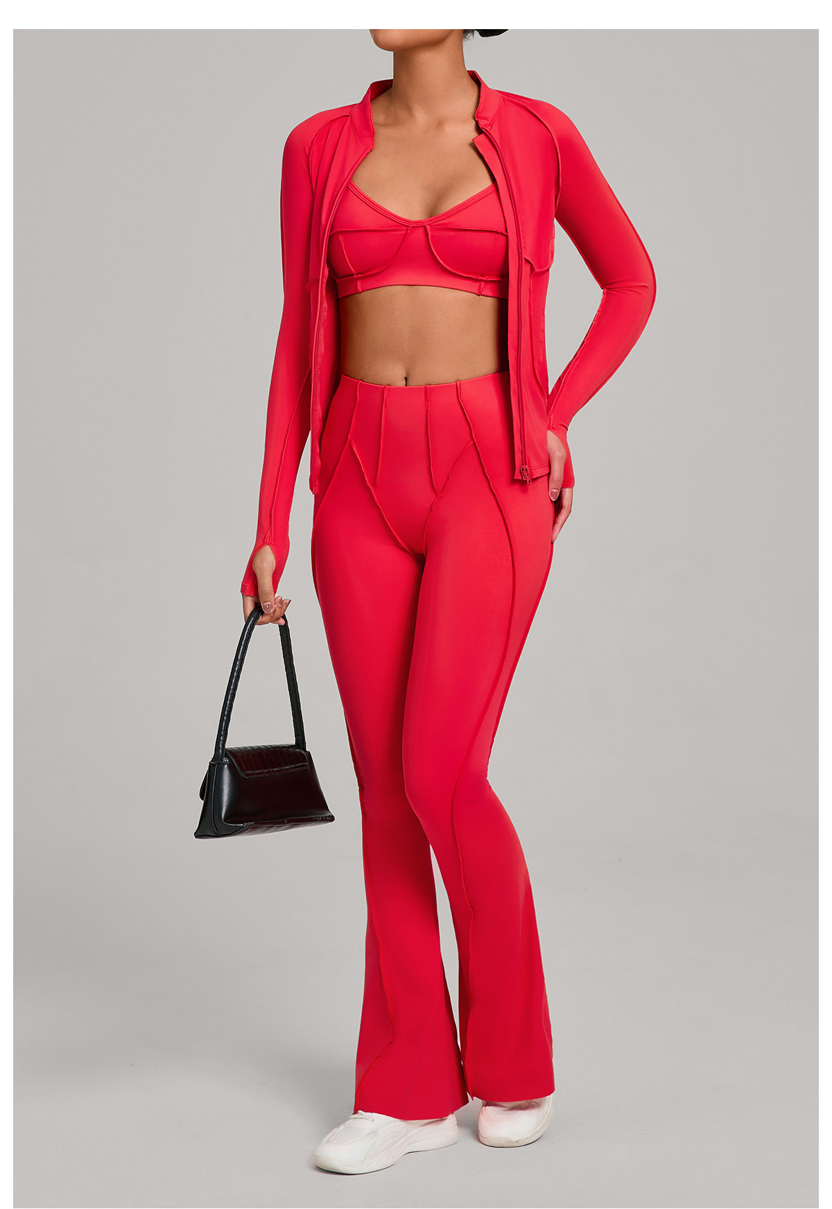 Women's Full Zipper Jacket Sports Bra Butt Lift Flare Leg Pants-Three Piece Yoga Gym SetFGB3321 86040 25098