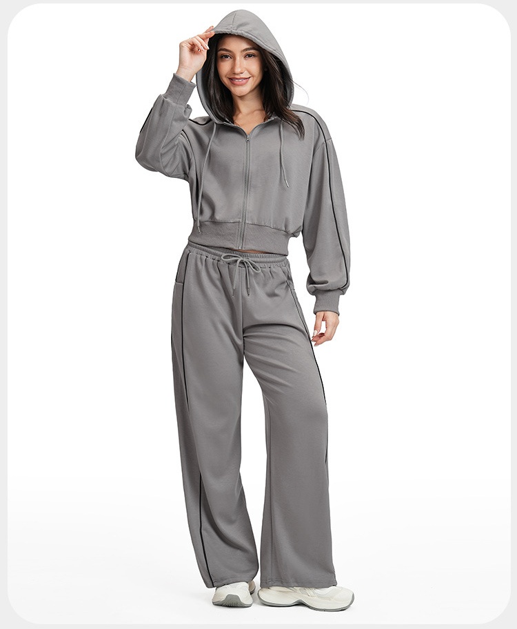 Women Drawstring Hemline Zip Jackets and High-waisted Wide-leg Sweatpants Yoga Set for Women FGBETZ5537