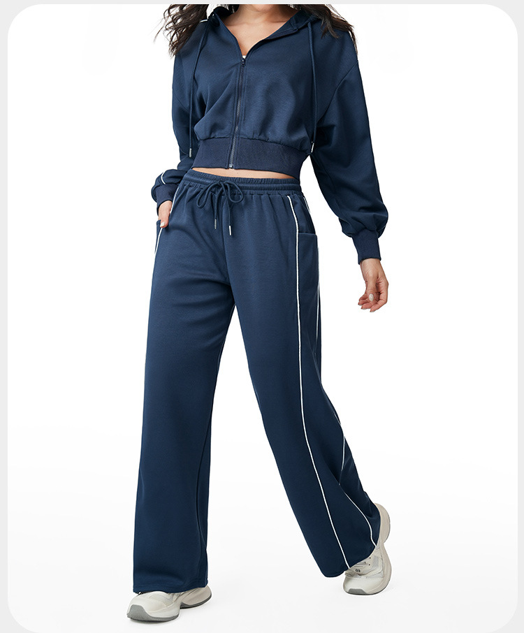 Women Drawstring Hemline Zip Jackets and High-waisted Wide-leg Sweatpants Yoga Set for Women FGBETZ5537