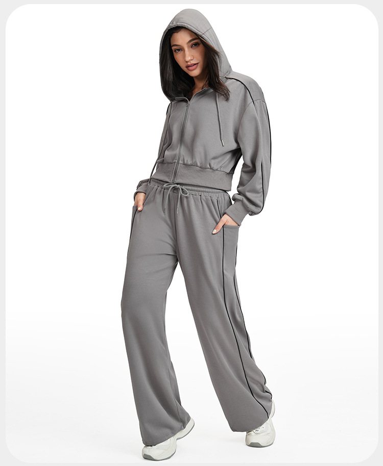 Women Drawstring Hemline Zip Jackets and High-waisted Wide-leg Sweatpants Yoga Set for Women FGBETZ5537