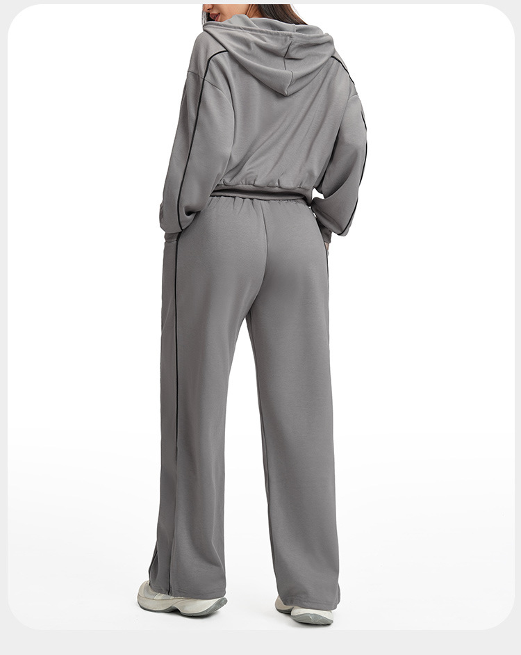 Women Drawstring Hemline Zip Jackets and High-waisted Wide-leg Sweatpants Yoga Set for Women FGBETZ5537