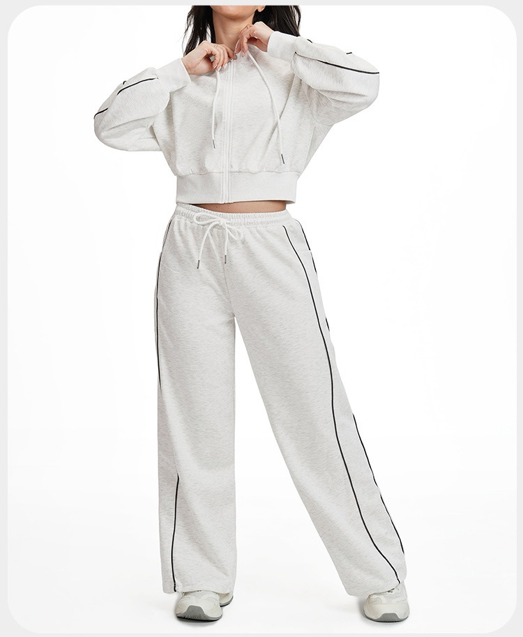 Women Drawstring Hemline Zip Jackets and High-waisted Wide-leg Sweatpants Yoga Set for Women FGBETZ5537