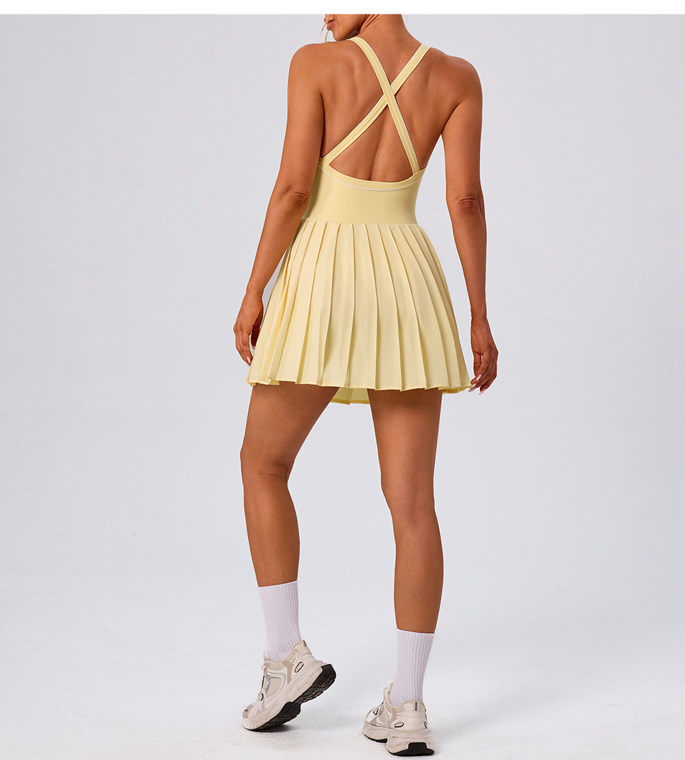 Yoga One-piece Skirt Color Matching Pleated High Elastic Quick-drying Anti-light Golf Tennis V-neck FGBYW1023L