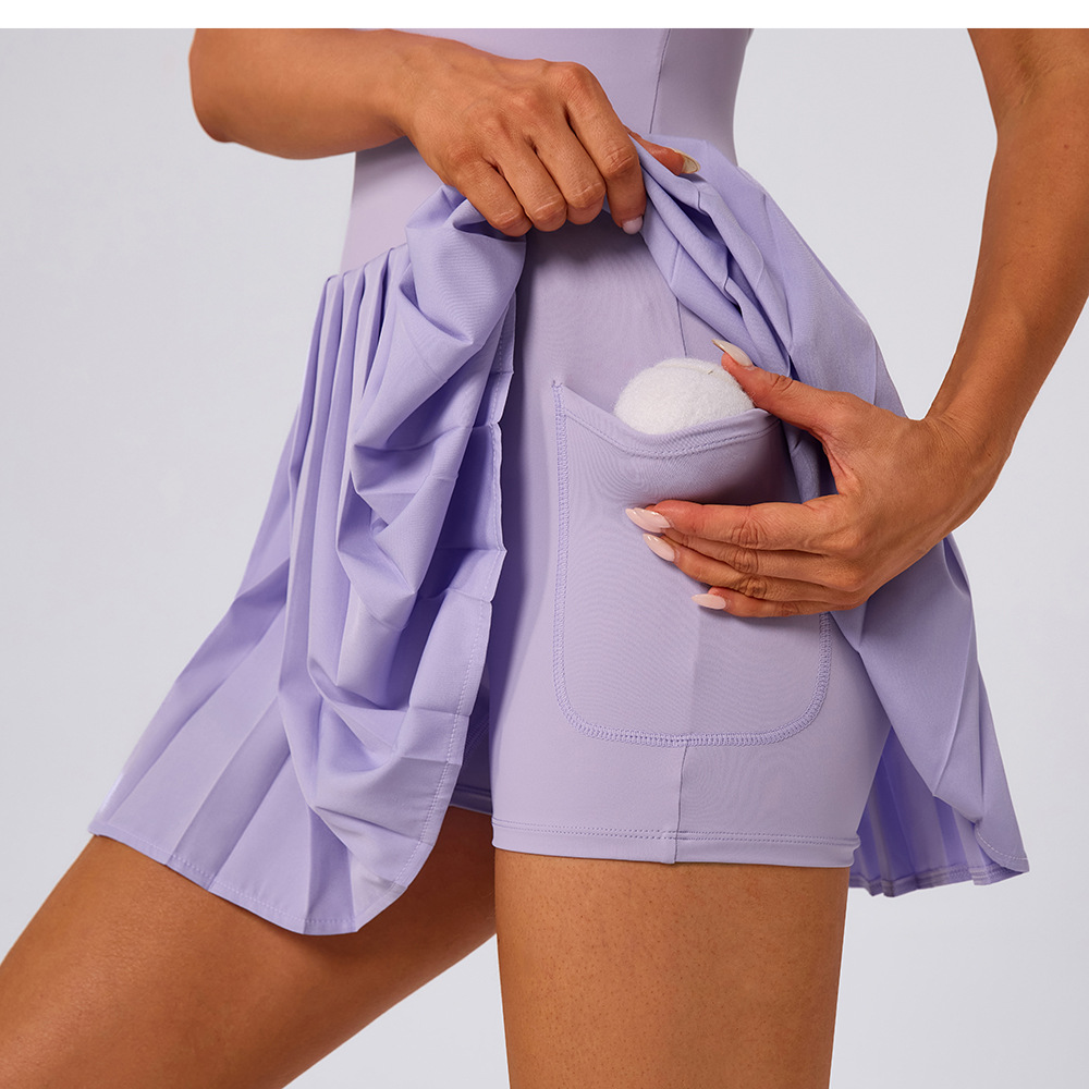 Yoga One-piece Skirt Color Matching Pleated High Elastic Quick-drying Anti-light Golf Tennis V-neck FGBYW1023L