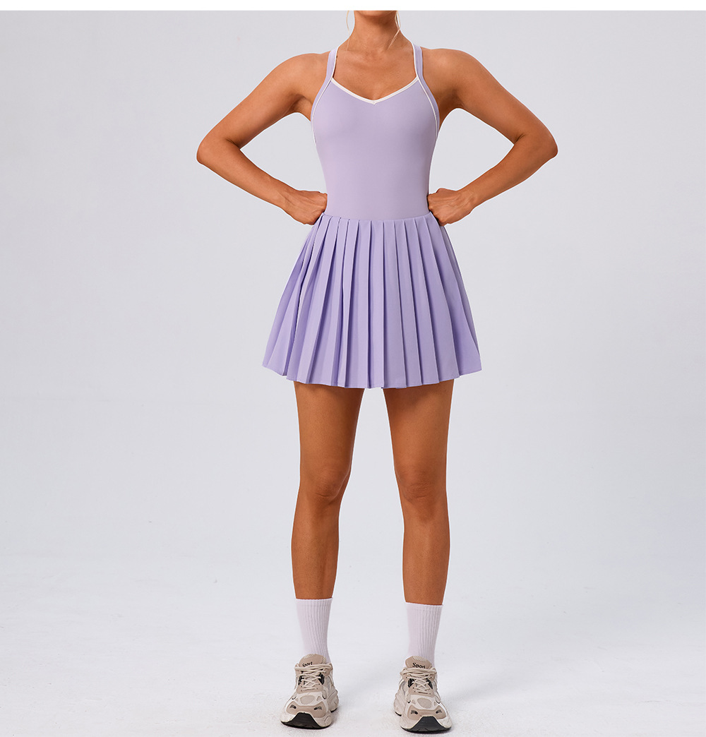 Yoga One-piece Skirt Color Matching Pleated High Elastic Quick-drying Anti-light Golf Tennis V-neck FGBYW1023L