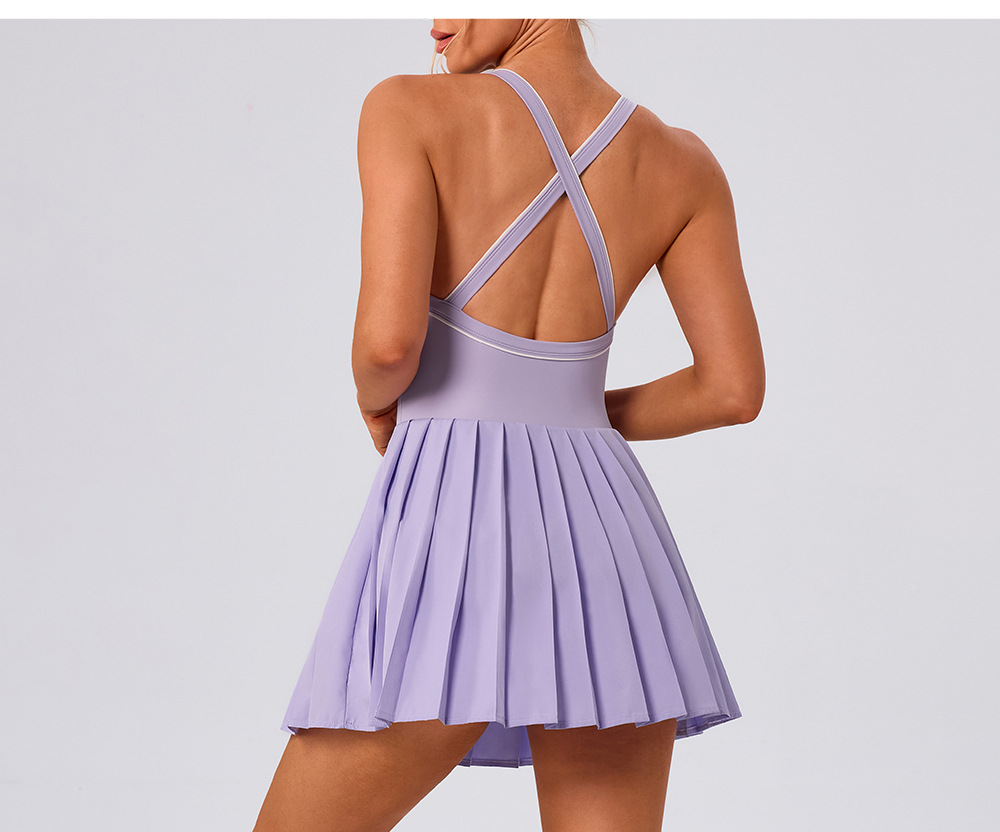 Yoga One-piece Skirt Color Matching Pleated High Elastic Quick-drying Anti-light Golf Tennis V-neck FGBYW1023L