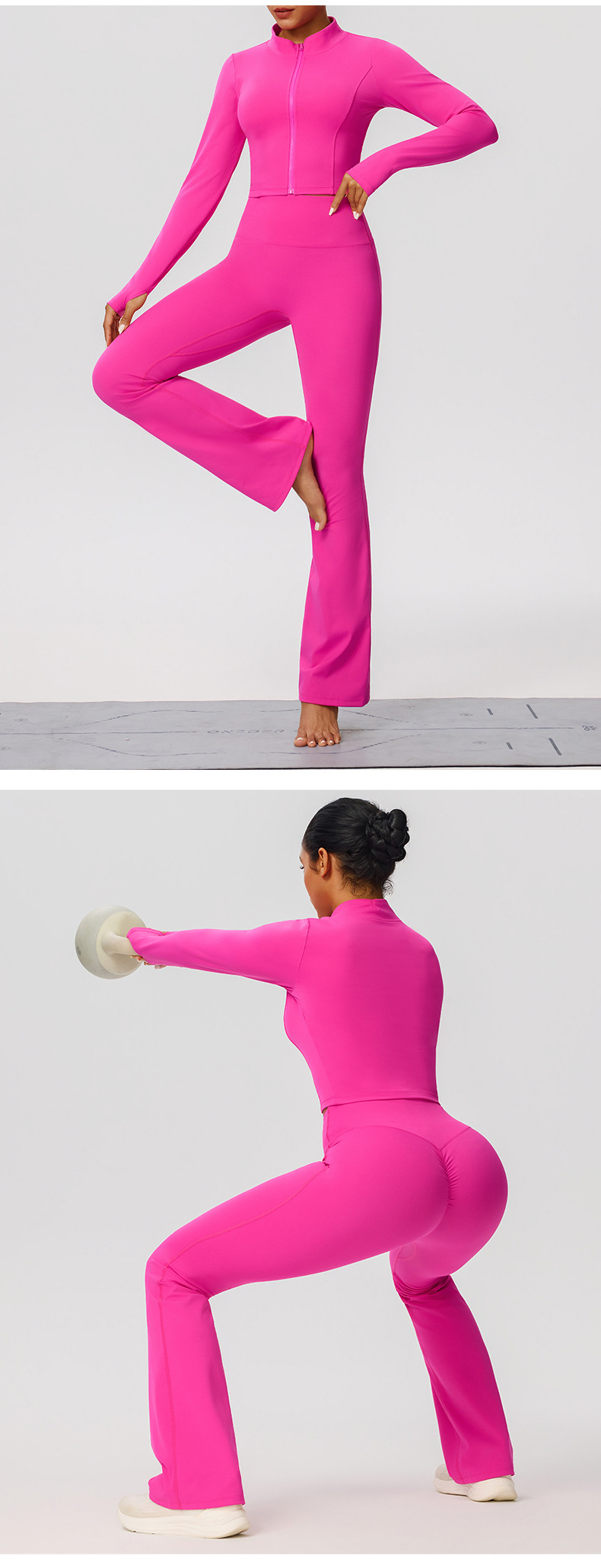 Yoga Flare Pants Jacket Set High Waist Front Zipper Long Sleeve Solid Pattern Short FGB52637 52338