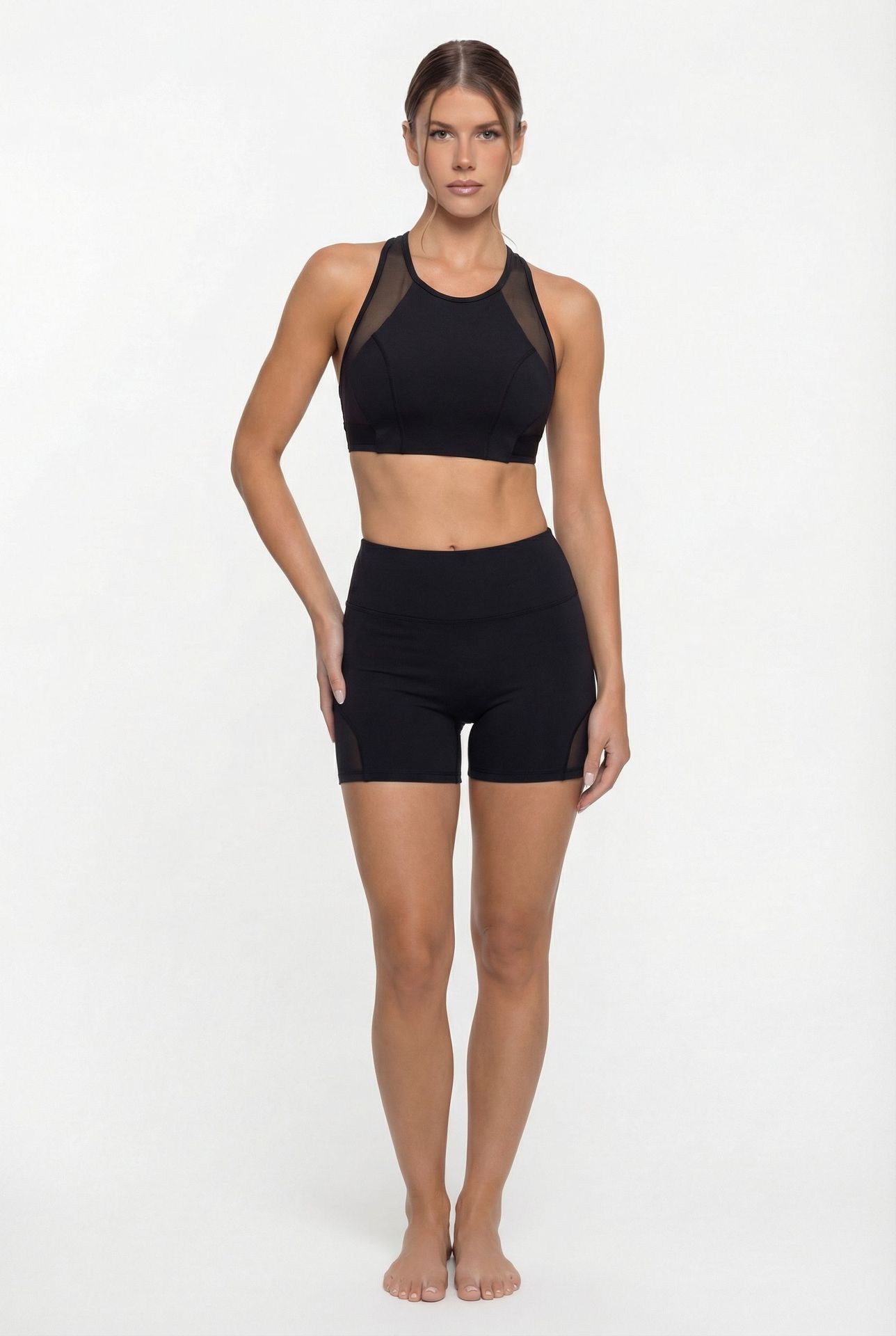 Activewear Mesh Style Bra Tops With Tight Hip Lifting Leggings Fitness Sports Pants Yoga Sets for Women FGB25126