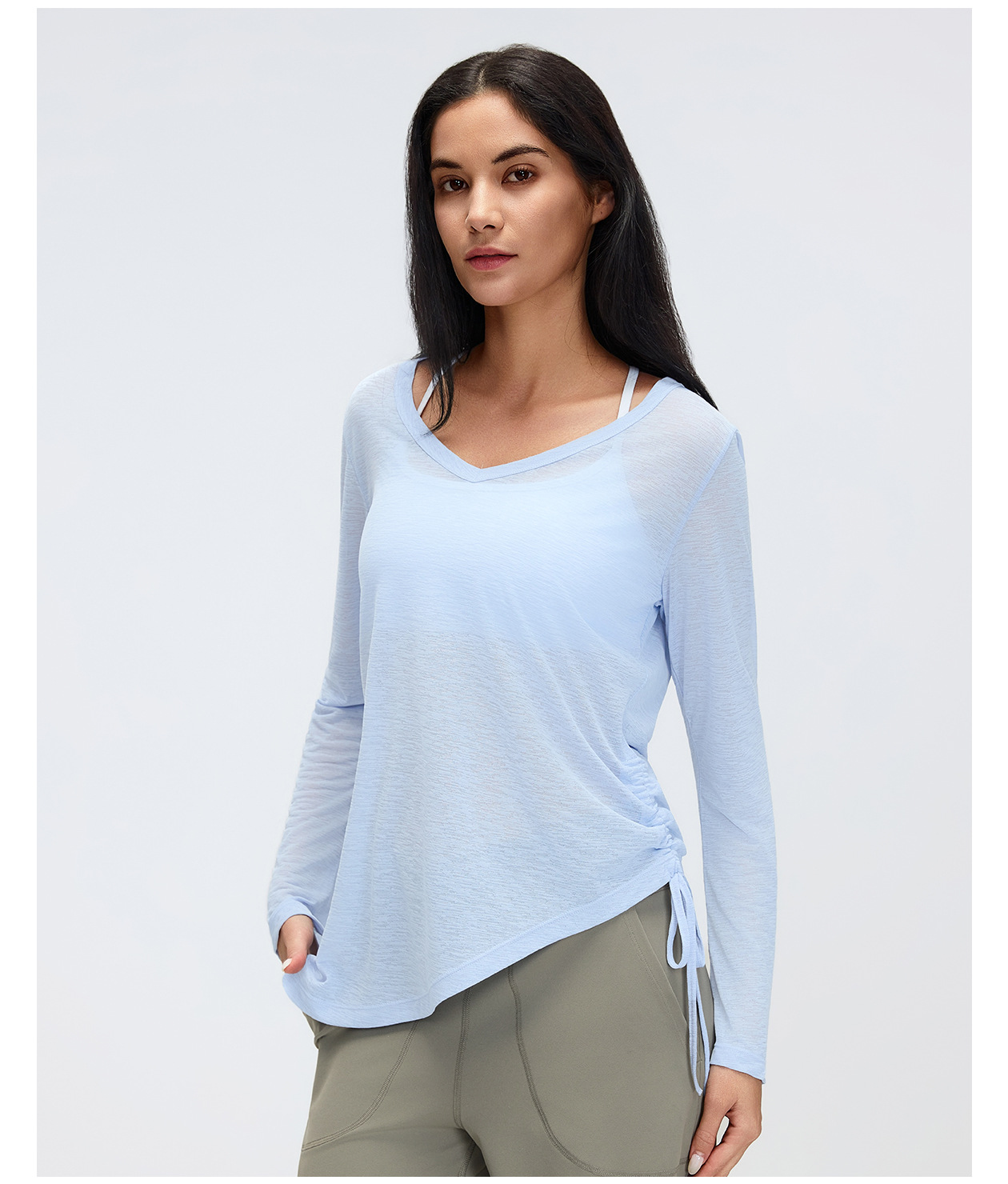 New Yoga Smock Long Sleeve Cover Buttock Women Fold Drawstring T-shirt Loose Casual Autumn Fitness Top FGBD26100