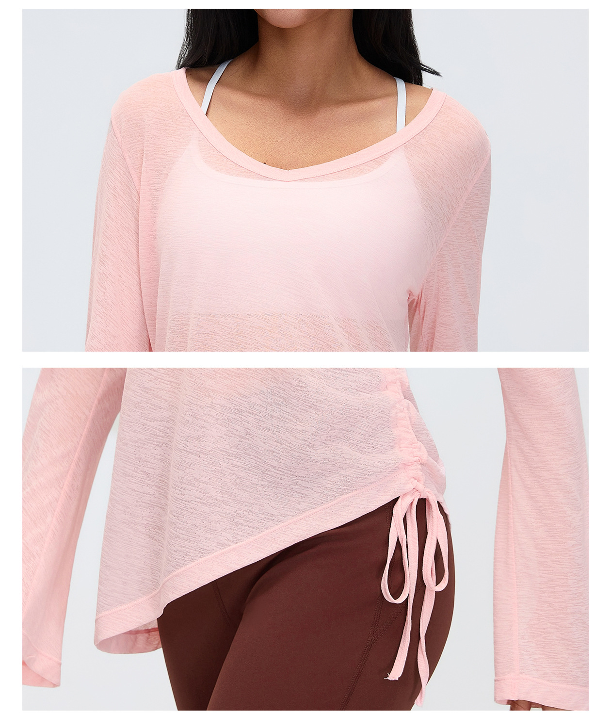 New Yoga Smock Long Sleeve Cover Buttock Women Fold Drawstring T-shirt Loose Casual Autumn Fitness Top FGBD26100