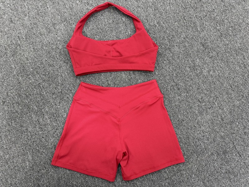 Sports Bra with High-Elastic Halter Neck Cross-Waist Fitness Shorts Yoga Wear Breathable Solid Set FGB5423 9721