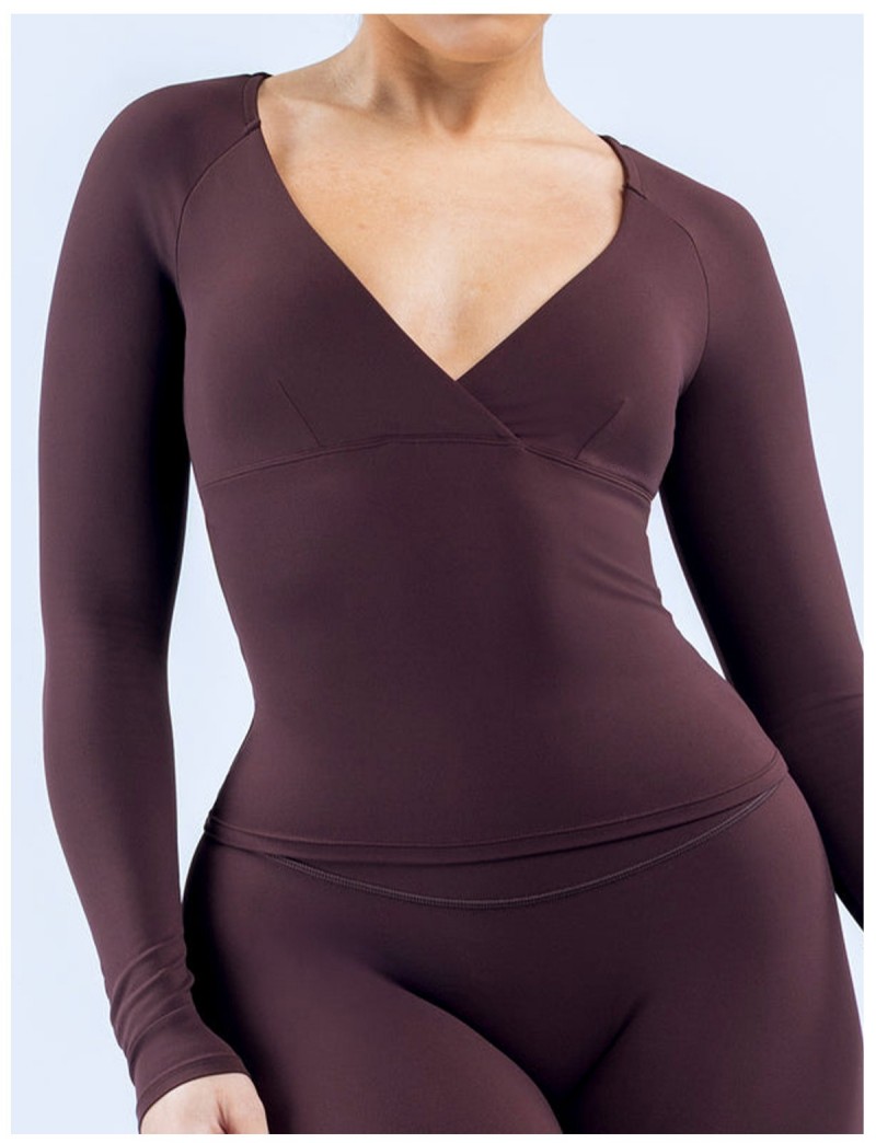 Deep V- Neck Casual Activewear Workout Shirt Pilates Women's Long Sleeve Top FGBRXW3013