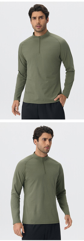 Men's Casual Long Sleeve Quick-drying Sports Running Pullover Half Zipper Solid Color EFGBYEL-61530