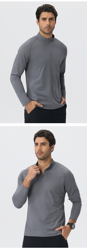 Men's Casual Long Sleeve Quick-drying Sports Running Pullover Half Zipper Solid Color EFGBYEL-61530