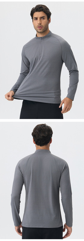 Men's Casual Long Sleeve Quick-drying Sports Running Pullover Half Zipper Solid Color EFGBYEL-61530
