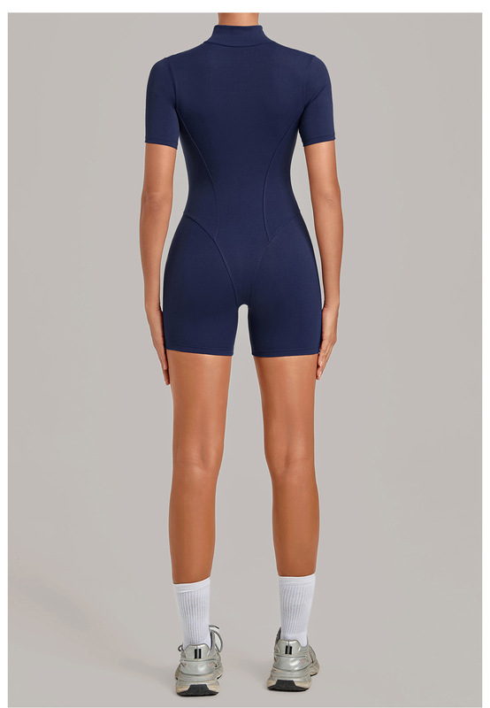 Women's Yoga One Piece Tummy Control Jumpsuit Short Sleeves Front Zipper Bodysuit Activewear FGBQS2640