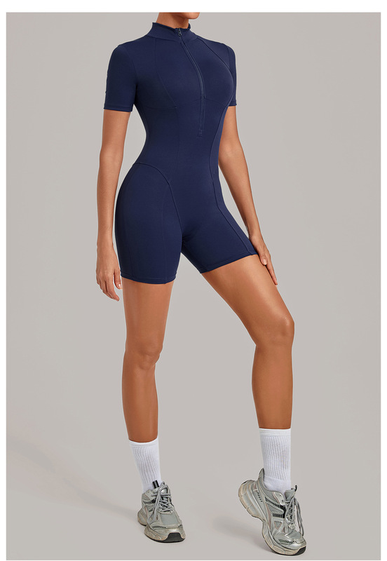 Women's Yoga One Piece Tummy Control Jumpsuit Short Sleeves Front Zipper Bodysuit Activewear FGBQS2640