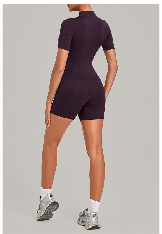 Women's Yoga One Piece Tummy Control Jumpsuit Short Sleeves Front Zipper Bodysuit Activewear FGBQS2640