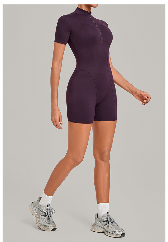 Women's Yoga One Piece Tummy Control Jumpsuit Short Sleeves Front Zipper Bodysuit Activewear FGBQS2640