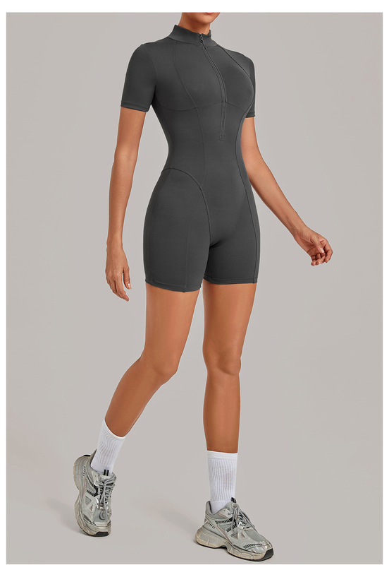 Women's Yoga One Piece Tummy Control Jumpsuit Short Sleeves Front Zipper Bodysuit Activewear FGBQS2640