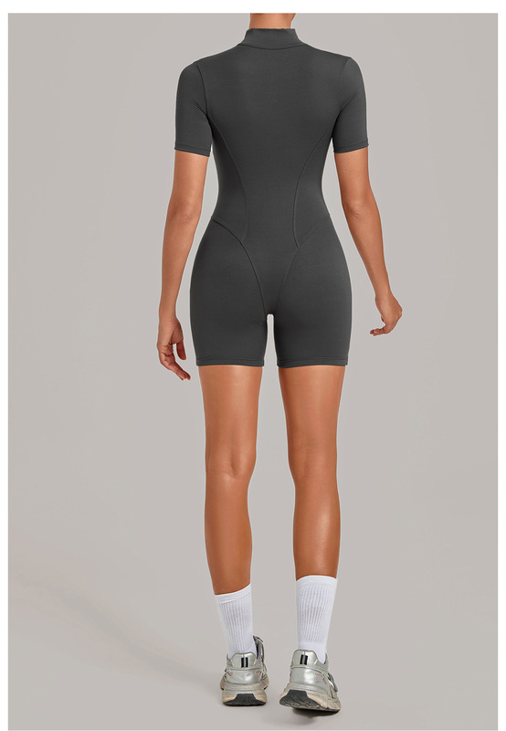 Women's Yoga One Piece Tummy Control Jumpsuit Short Sleeves Front Zipper Bodysuit Activewear FGBQS2640