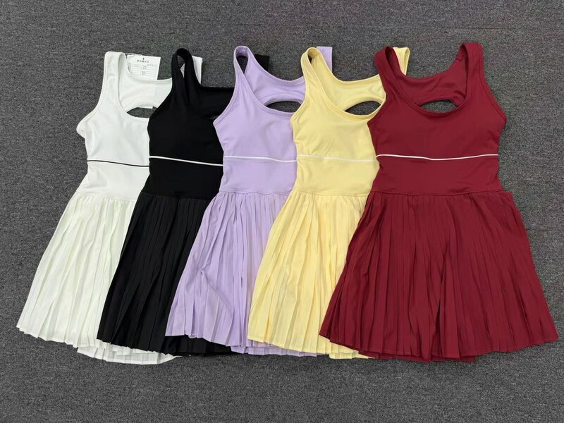 Women One Piece Tennis Dress Backless Square Neck Pleated Skirt Built Shorts Padded Quick Dry FGBQS21151