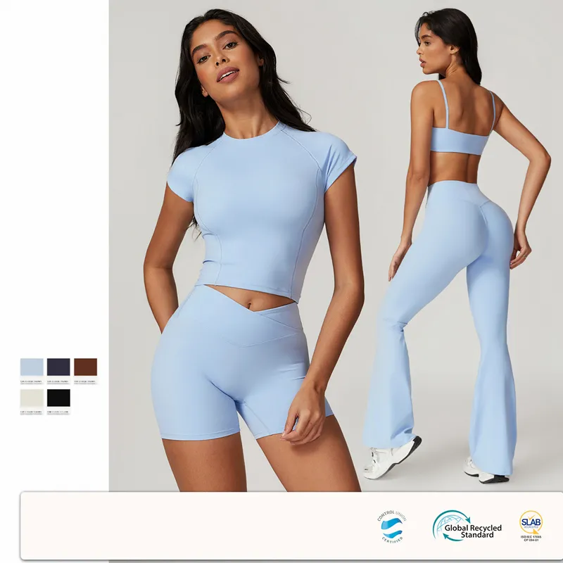 Women's 4-Piece Yoga Set: Sports Bra, Short Sleeve Top, Shorts, and Pants FGBTZ8799