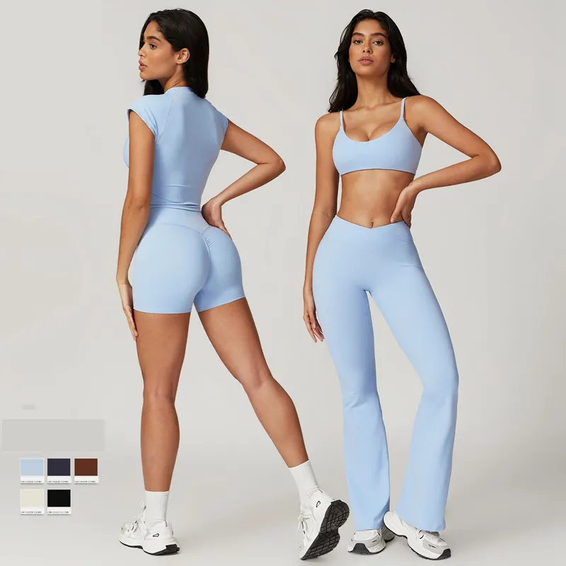 Women's 4-Piece Yoga Set: Sports Bra, Short Sleeve Top, Shorts, and Pants FGBTZ8799