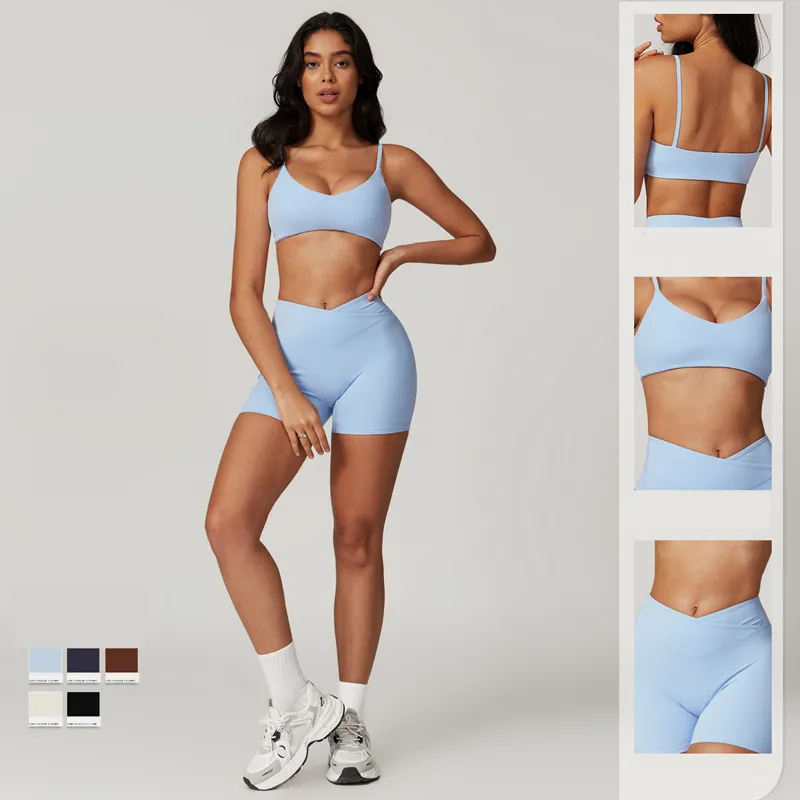 Women's 4-Piece Yoga Set: Sports Bra, Short Sleeve Top, Shorts, and Pants FGBTZ8799
