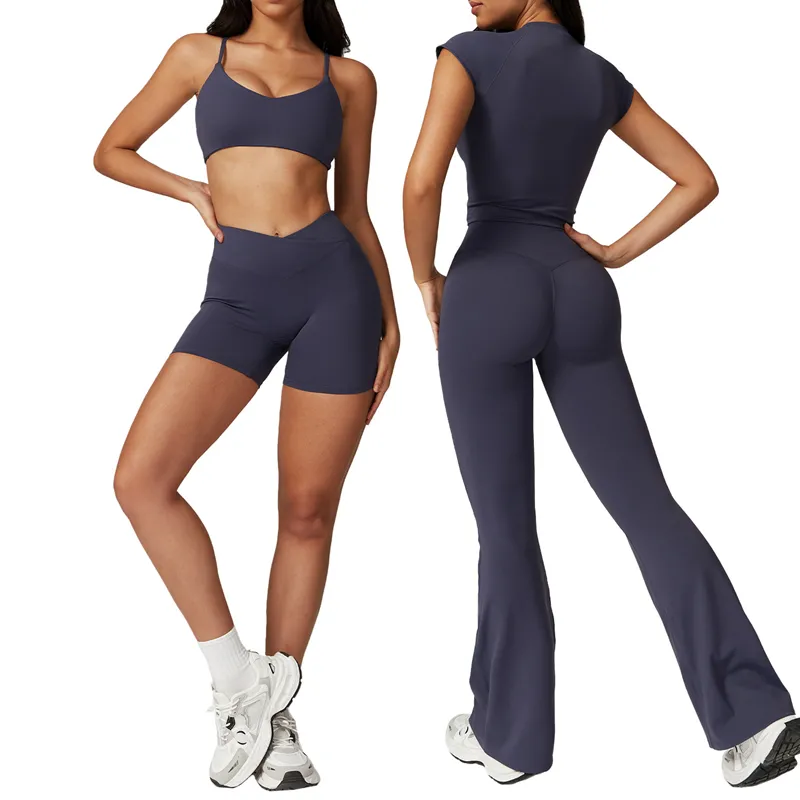 Women's 4-Piece Yoga Set: Sports Bra, Short Sleeve Top, Shorts, and Pants FGBTZ8799