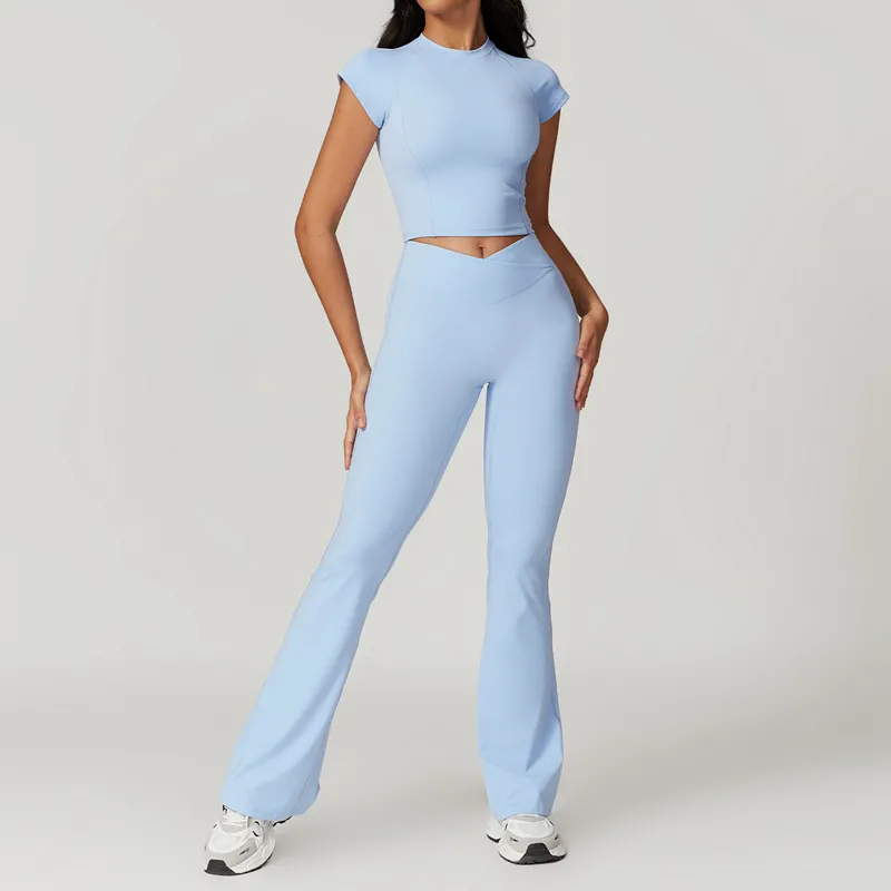 Women's 4-Piece Yoga Set: Sports Bra, Short Sleeve Top, Shorts, and Pants FGBTZ8799