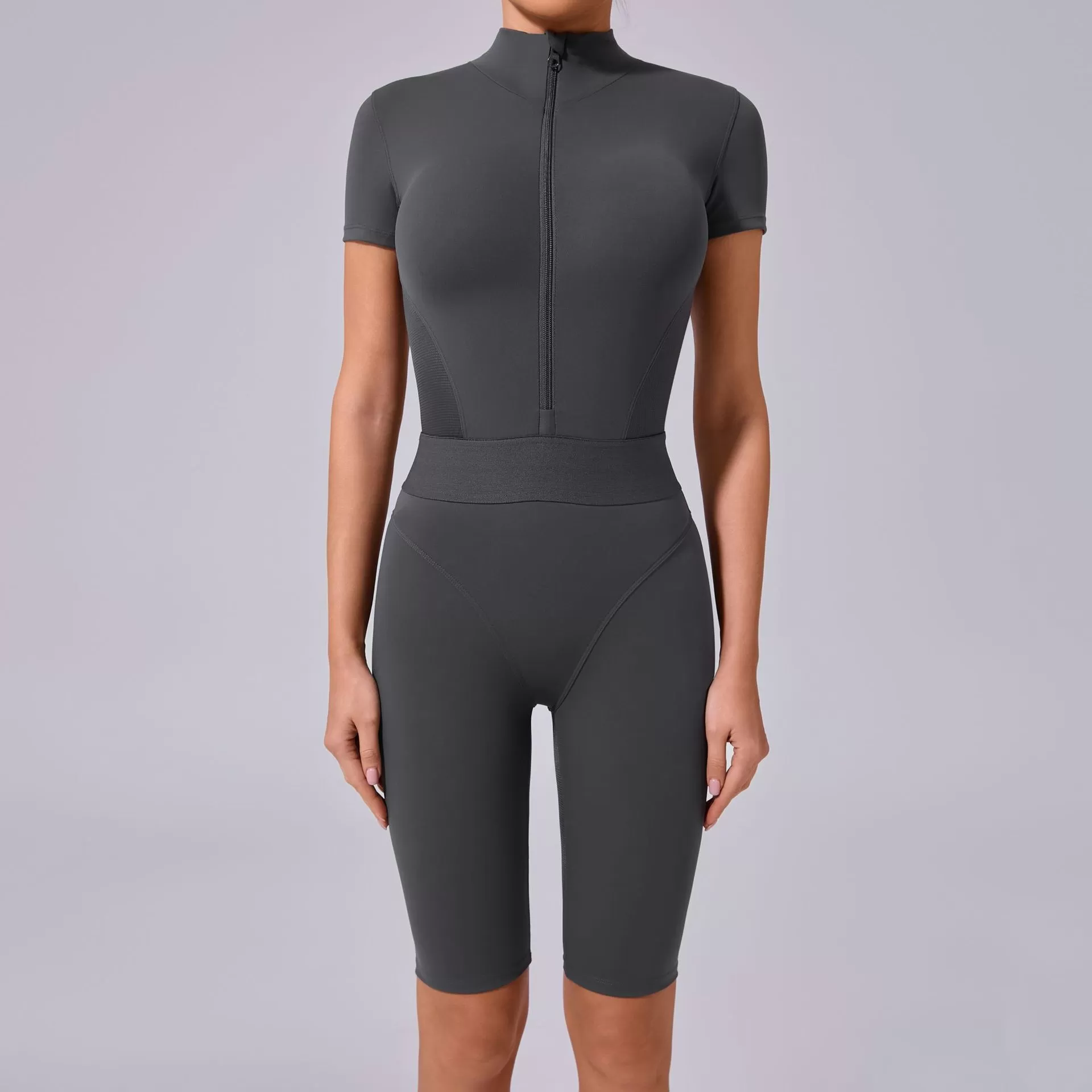 Women's Fitness Short Sleeve Jumpsuit With Zipper FGB41180