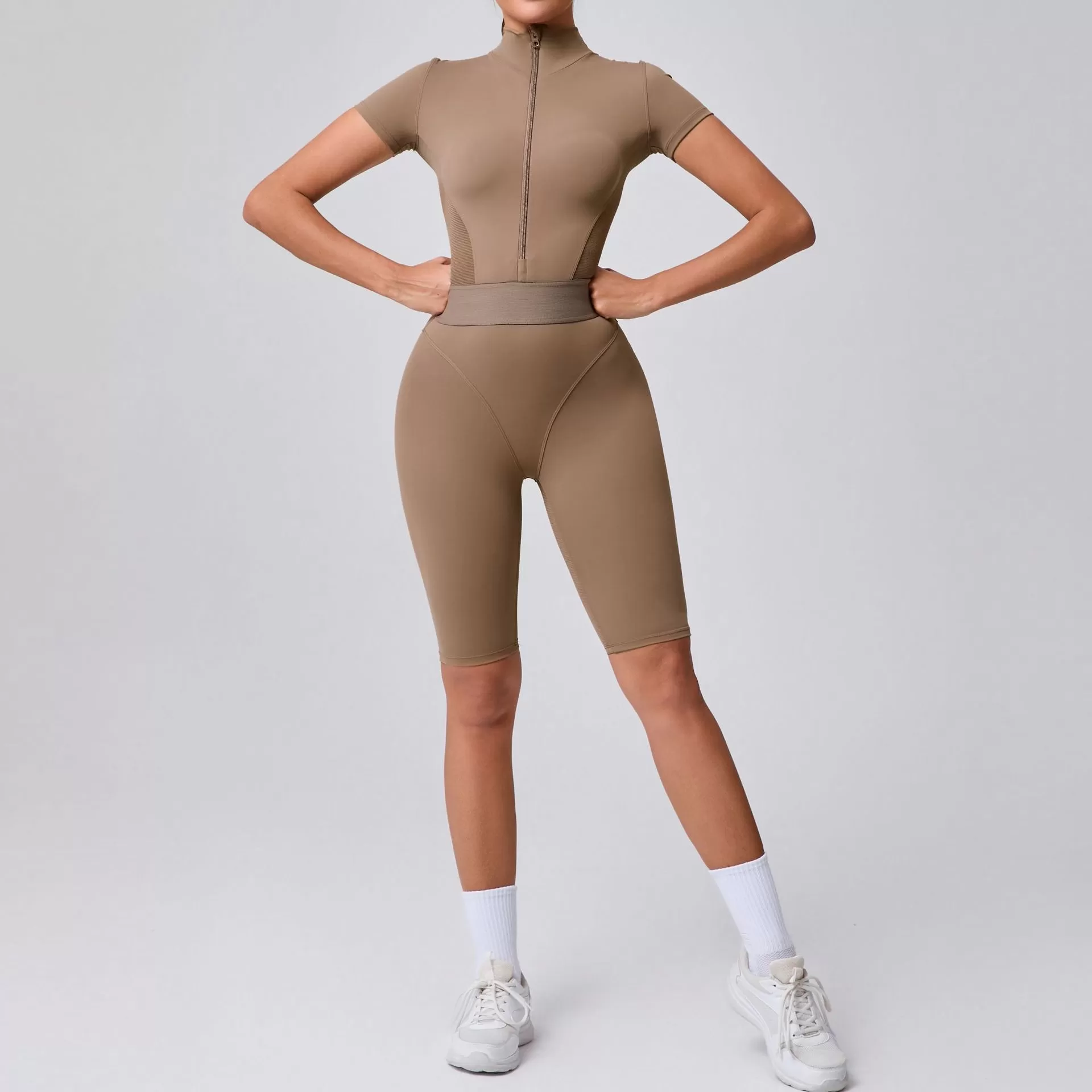 Women's Fitness Short Sleeve Jumpsuit With Zipper FGB41180