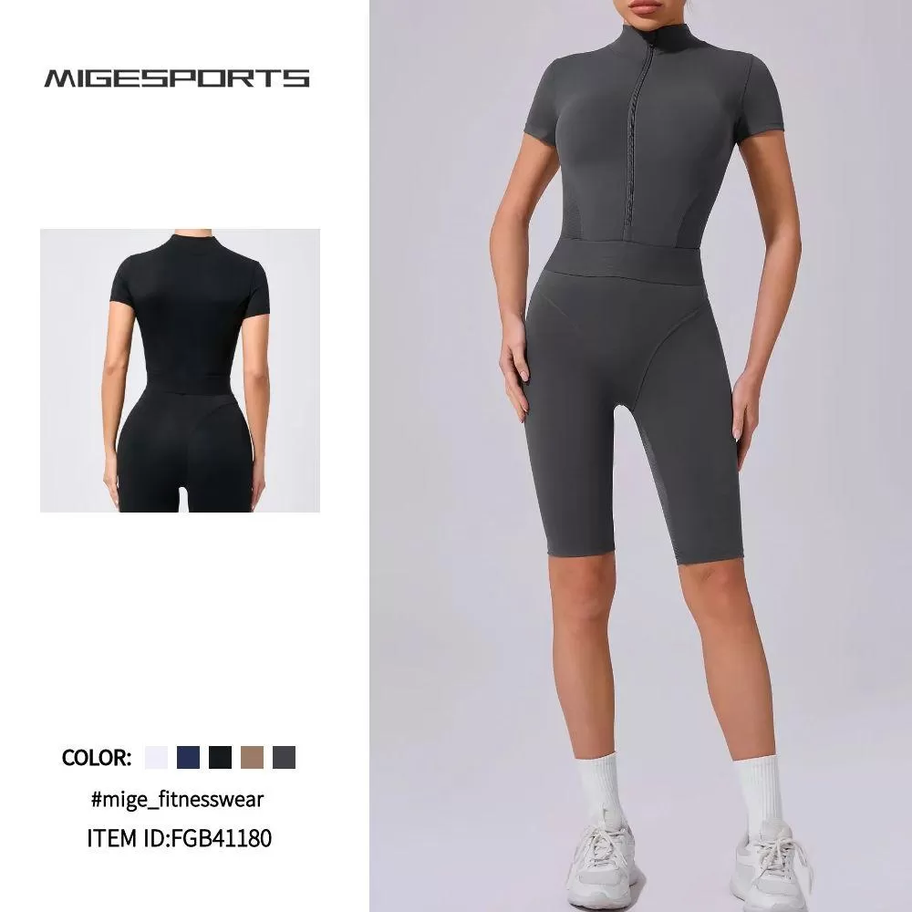 Women's Fitness Short Sleeve Jumpsuit With Zipper FGB41180