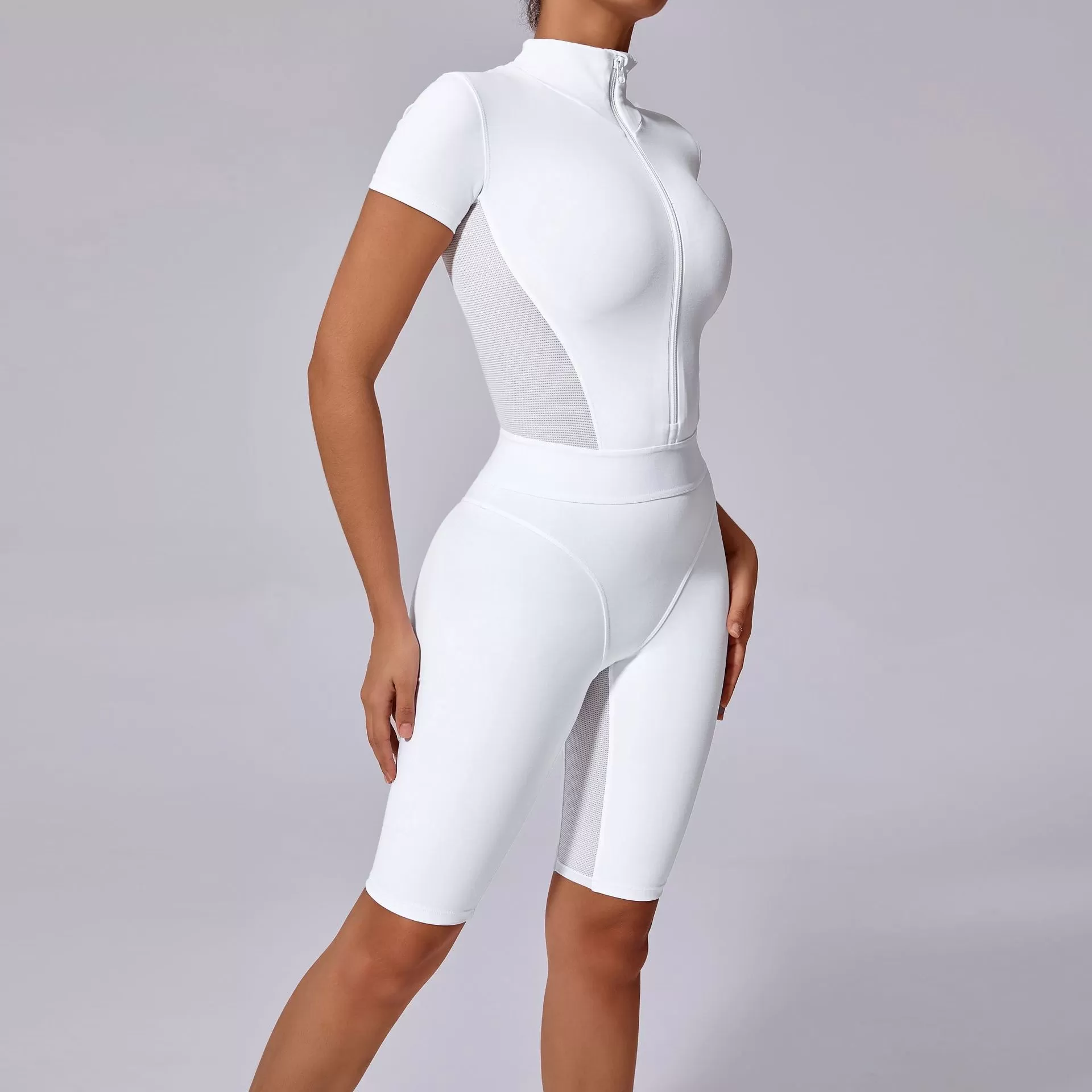 Women's Fitness Short Sleeve Jumpsuit With Zipper FGB41180